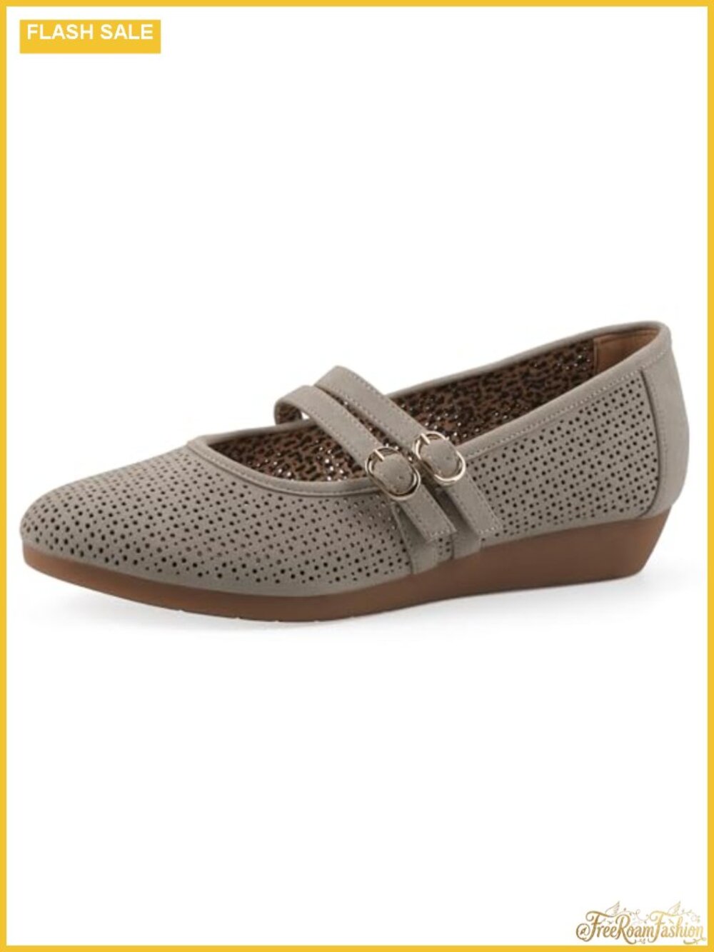 Mary Jane Low Wedge Heels Perforated Double Strap Buckle